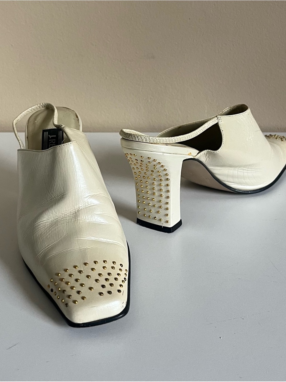 Vintage J. Renee cream leather studded sling back mules, size 8.5